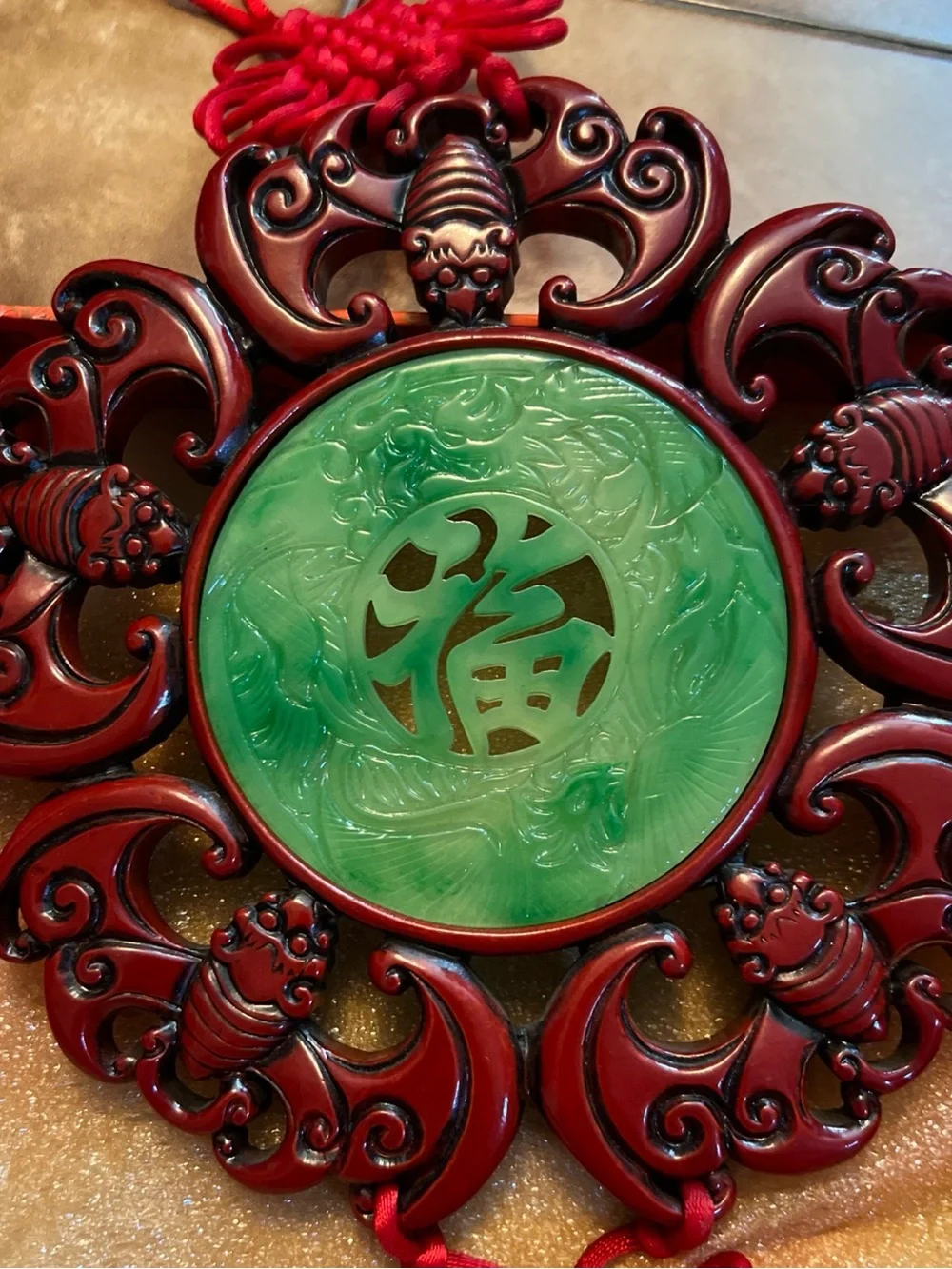 CHINESE JADE RESIN & WOOD GOOD LUCK WALL HANGING  VINTAGE